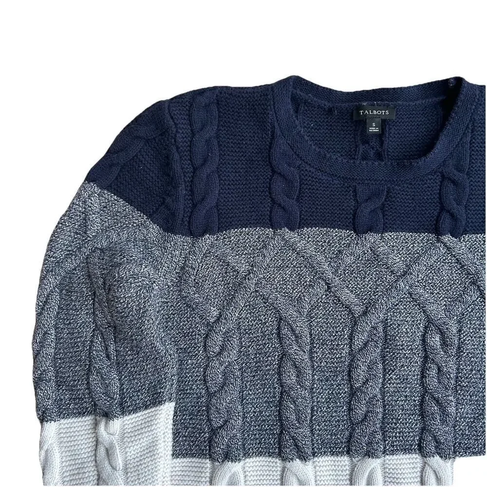 Talbots Chunky Cable Knit Nautical Sweater Size Small Color Block Blue White - Picture 5 of 11